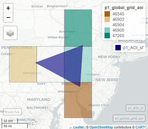 A screenshot of a map that includes the example watershed of interest, the grid cells used to chunk and query data from WQP, and a gray-scale background map on the northeastern United States. The map depicts the user-specified area of interest that is located near Philadephia Pennslyvania and defined in the p1_AOI_sf target and the five grid cells defined by the p1_global_grid_aoi target.