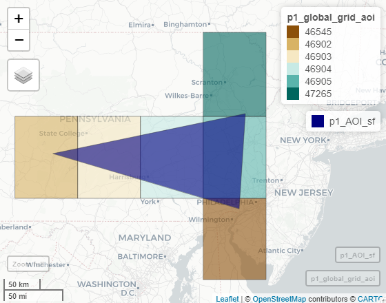 A screenshot of a map that includes the updated example watershed of interest, the grid cells used to chunk and query data from WQP, and a gray-scale background map on the northeastern United States. In this map the watershed of interest defined in p1_AOI_sf is bigger than in the first map and there are six grid cells in the p1_global_grid_aoi target.