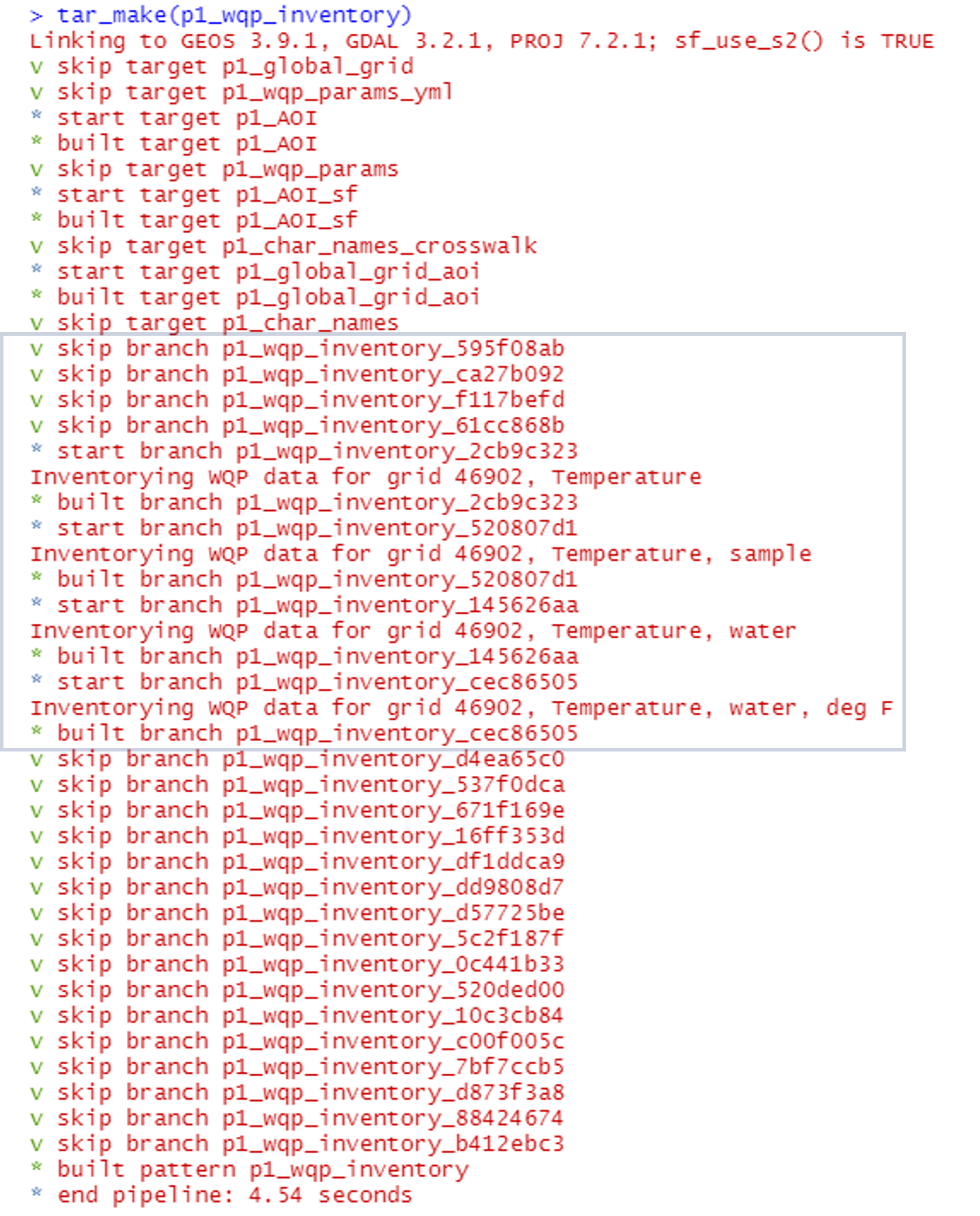 A screenshot of the R console output for the example pipeline that shows a partial rebuild of the p1_wqp_inventory target. After re-defining the area of interest, the pipeline rebuilds the inventory for the new grid cell in p1_global_grid_aoi target, but it doesn't need to rebuild the inventory from the other five grid cells because they have already been inventoried.